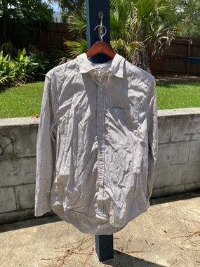 Madewell Button-Up Shirt in Beige and White Cotton Poplin - Men's Medium